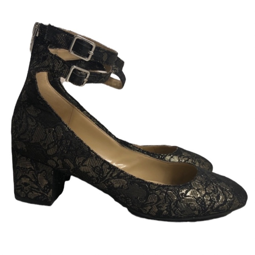 Marc Fisher Kary Embroidered Heels with Ankle Strap And Block Heel